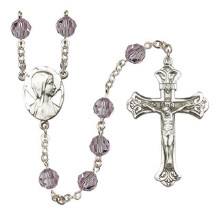 Sterling Silver 8mm Austrian Crystal Madonna Mary Rosary in Light Amethyst