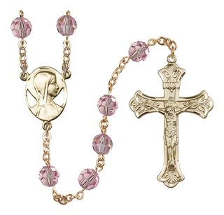 14 Karat Gold-Filled 8mm Austrian Crystal Madonna Mary Rosary in Light Rose