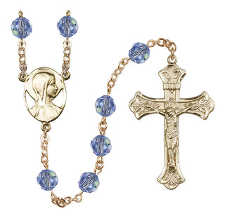 14 Karat Gold-Filled 8mm Austrian Crystal Madonna Mary Rosary in Light Sapphire