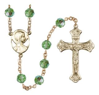 14 Karat Gold 8mm Austrian Crystal Madonna Mary Rosary in Peridot