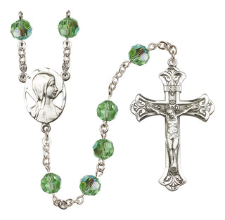 Sterling Silver 8mm Austrian Crystal Madonna Mary Rosary in Peridot