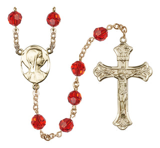 14 Karat Gold-Filled 8mm Austrian Crystal Madonna Mary Rosary in Ruby