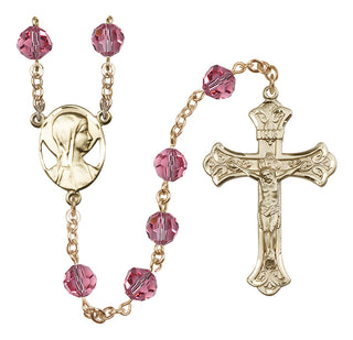 14 Karat Gold 8mm Austrian Crystal Madonna Mary Rosary in Rose