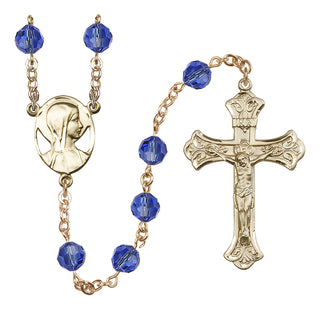 14 Karat Gold-Filled 8mm Austrian Crystal Madonna Mary Rosary in Sapphire