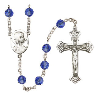 Sterling Silver 8mm Austrian Crystal Madonna Mary Rosary in Sapphire