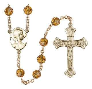 14 Karat Gold 8mm Austrian Crystal Madonna Mary Rosary in Topaz