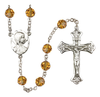 Sterling Silver 8mm Austrian Crystal Madonna Mary Rosary in Topaz