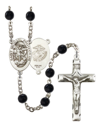 Sterling Silver 6mm Saint Michael the Archangel / Marines Black Onyx Rosary