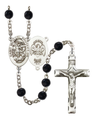 Sterling Silver 6mm Saint Michael the Archangel / National Guard Black Onyx Rosary