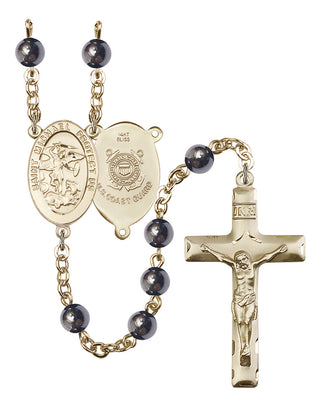 14 KT Solid Gold 6mm Hematite Saint Michael Coast Guard Rosary