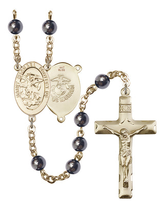 14kt Gold 6mm Saint Michael the Archangel / Marines Hematite Rosary