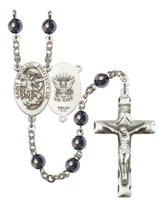 Sterling Silver 6mm Saint Michael the Archangel / Navy Hematite Rosary