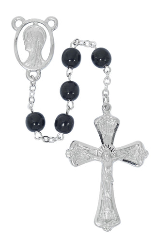 7MM Black Glass Rhodium Filled Rosary, Box