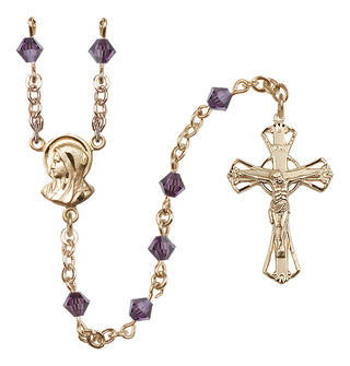 14 Karat Gold-Filled 5mm Austrian Crystal Madonna Mary Rosary in Amethyst