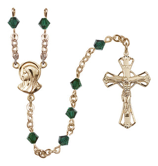 14 Karat Gold-Filled 5mm Austrian Crystal Madonna Mary Rosary in Emerald