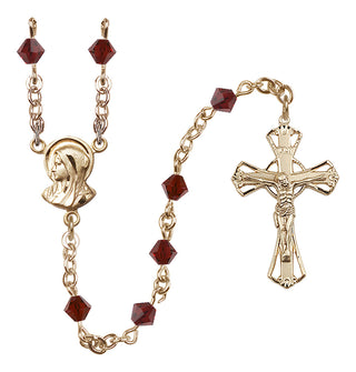 14 Karat Gold-Filled 5mm Austrian Crystal Madonna Mary Rosary in Garnet