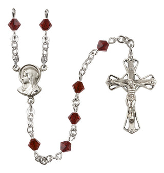 Sterling Silver 5mm Austrian Crystal Madonna Mary Rosary in Garnet
