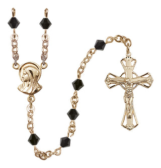 14 Karat Gold-Filled 5mm Austrian Crystal Madonna Mary Rosary in Jet