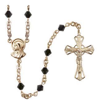 14 Karat Gold 5mm Austrian Crystal Madonna Mary Rosary in Jet