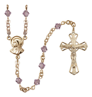 14 Karat Gold-Filled 5mm Austrian Crystal Madonna Mary Rosary in Light Amethyst