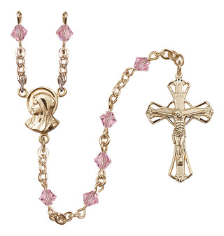 14 Karat Gold 5mm Austrian Crystal Madonna Mary Rosary in Light Rose