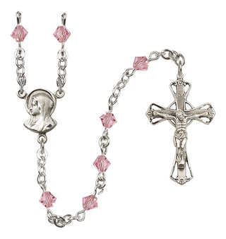 Sterling Silver 5mm Austrian Crystal Madonna Mary Rosary in Light Rose