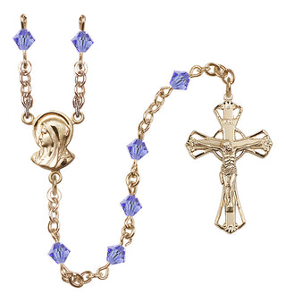14 Karat Gold-Filled 5mm Austrian Crystal Madonna Mary Rosary in Light Sapphire