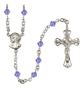 Sterling Silver 5mm Austrian Crystal Madonna Mary Rosary in Light Sapphire