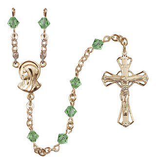 14 Karat Gold 5mm Austrian Crystal Madonna Mary Rosary in Peridot
