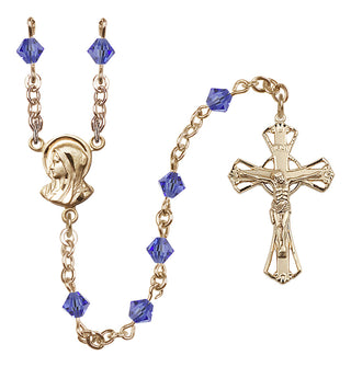 14 Karat Gold-Filled 5mm Austrian Crystal Madonna Mary Rosary in Sapphire