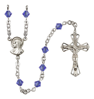 Sterling Silver 5mm Austrian Crystal Madonna Mary Rosary in Sapphire