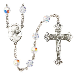Sterling Silver 8mm Austrian Crystal Madonna Mary Rosary with Aurora Borealis in Crystal
