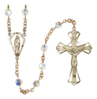 14 Karat Gold 6mm Austrian Crystal Miraculous Rosary with Aurora Borealis in Crystal