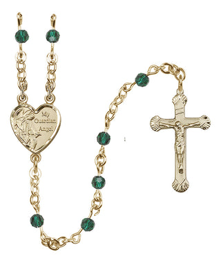 14 Karat Gold 4mm Austrian Crystal Guardian Angel Rosary in Emerald