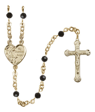 14 Karat Gold 4mm Austrian Crystal Guardian Angel Rosary in Jet