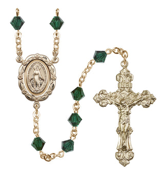 14 Karat Gold 6mm Austrian Crystal Miraculous Rosary in Emerald
