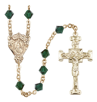 14 Karat Gold 6mm Austrian Crystal Miraculous Rosary in Emerald