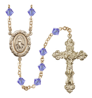 14 Karat Gold 6mm Austrian Crystal Miraculous Rosary in Light Sapphire