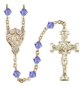 14 Karat Gold 6mm Austrian Crystal Miraculous Rosary in Light Sapphire
