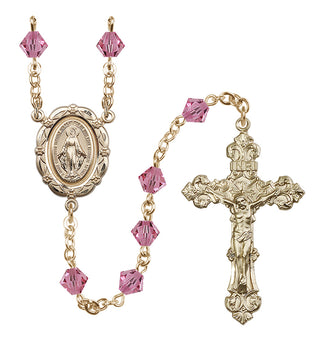 14 Karat Gold 6mm Austrian Crystal Miraculous Rosary in Rose