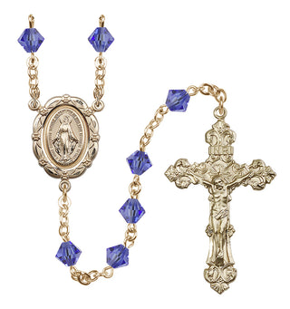 14 Karat Gold 6mm Austrian Crystal Miraculous Rosary in Sapphire
