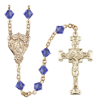 14 Karat Gold 6mm Austrian Crystal Miraculous Rosary in Sapphire