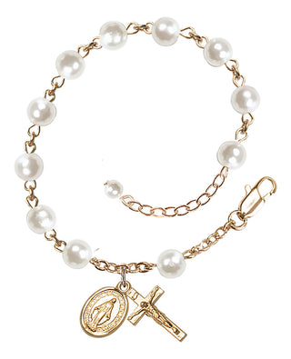 Adjustable 14 Karat Gold 6mm White, Faux Pearl Rosary Bracelet