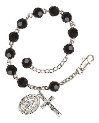 Adjustable Silver Plated 6mm Austrian Crystal Rosary Bracelet in Jet