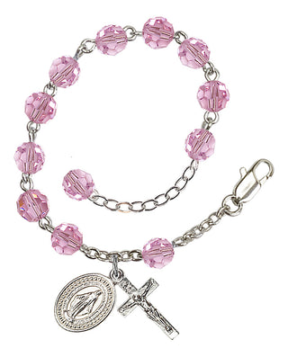 Adjustable Silver Plated 6mm Austrian Crystal Rosary Bracelet in Light Rose