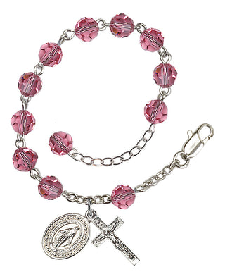 Adjustable Silver Plated 6mm Austrian Crystal Rosary Bracelet in Rose