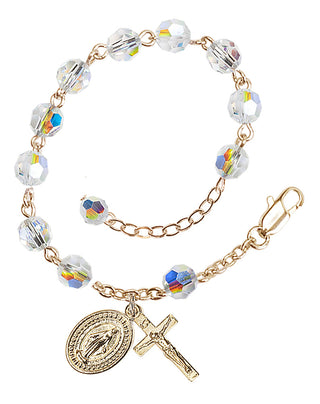 Adjustable Gold Plated 6mm Austrian Crystal Rosary Bracelet with Aurora Borealis in Crystal