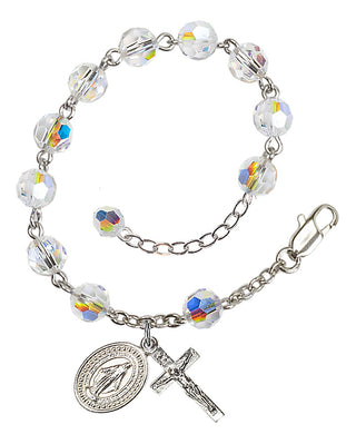 Adjustable Silver Plated 6mm Austrian Crystal Rosary Bracelet with Aurora Borealis in Crystal