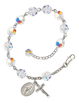 Adjustable Silver Plated 8mm Austrian Crystal Rosary Bracelet with Aurora Borealis in Crystal