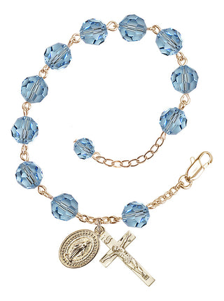 Adjustable Gold Plated 8mm Austrian Crystal Rosary Bracelet in Aqua